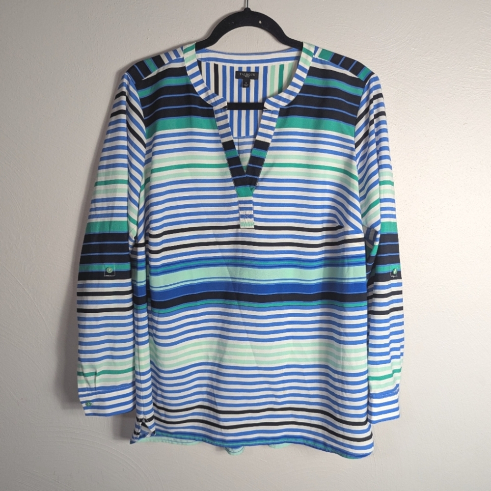 X Talbots Woman Blue‎ Green Striped Popover Top